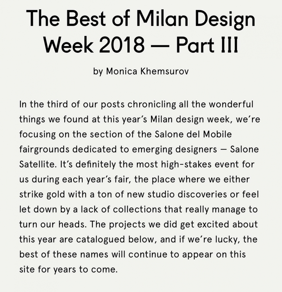 2018 | &ldquo;The best of Milan design week - Part III&rdquo; Sight Unseen, New York